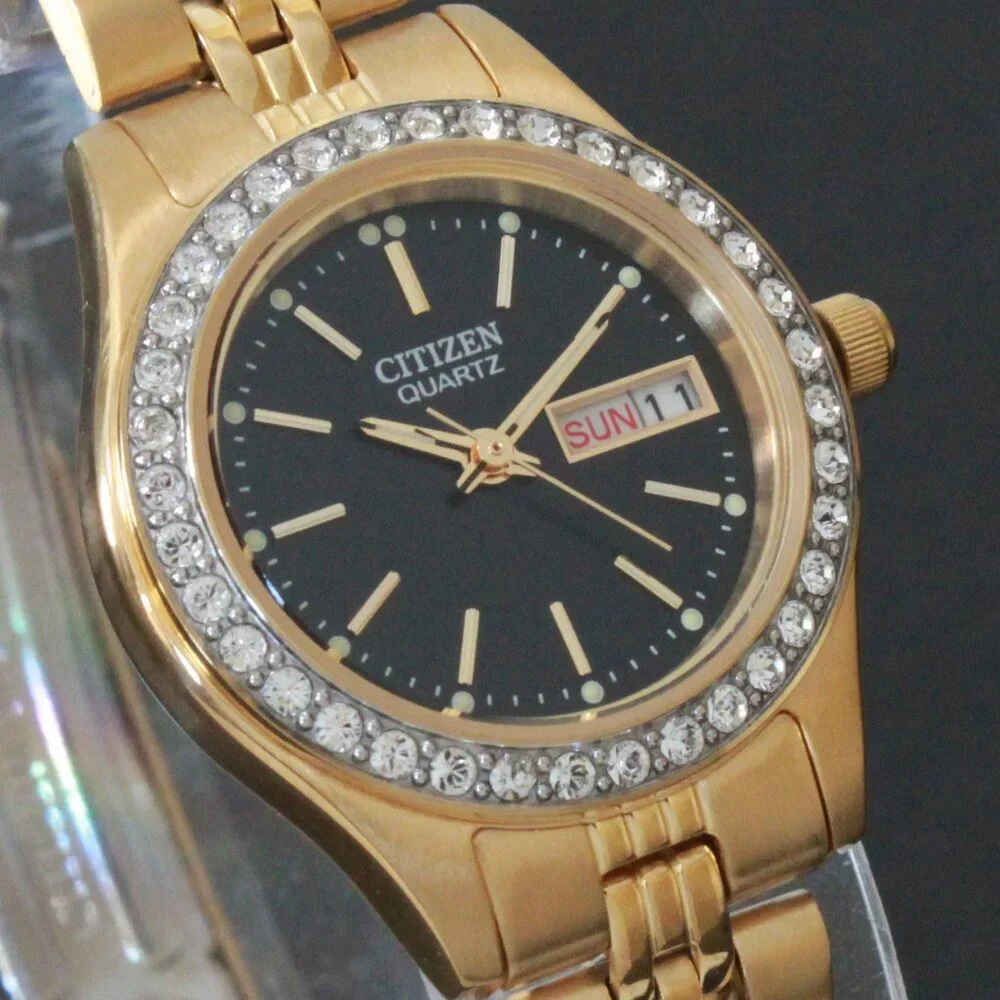 Citizen Ladies Classic Quartz Watch Crystal Bezel Gold Toone Black Dial 26mm - Picture 8 of 13